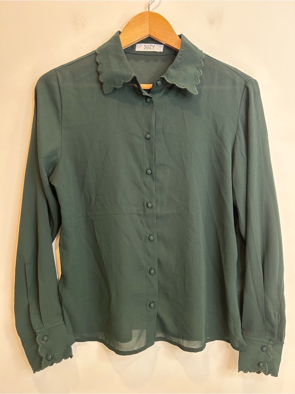 Suzy Shier Scalloped Collared Button Up Blouse Dark Green